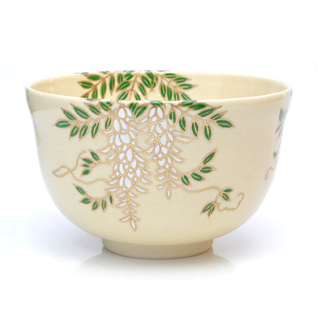 Matcha Tea Bowl Kyo-ware White base Wisteria brachybotrys