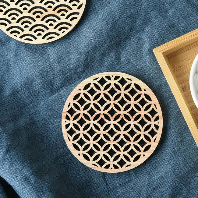 Hinoki coaster with traditional Japanese pattern, laser processing, "Cloisonne"