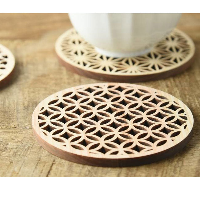 Hinoki coaster with traditional Japanese pattern, laser processing, "Cloisonne"