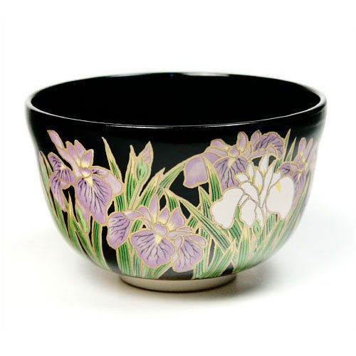 Matcha Tea Bowl Kyo-ware Black base Iris - MatchaJP