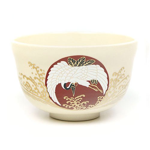Matcha Tea Bowl Kyo-Ware White Base Sunrise and Crane - MatchaJP