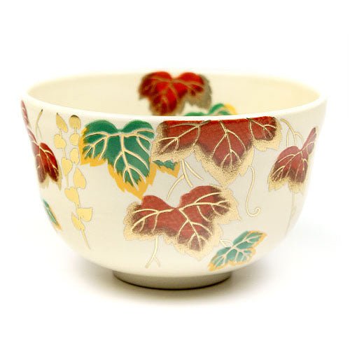 Matcha Tea Bowl white base Autumn ivy Kyō ware - MatchaJP