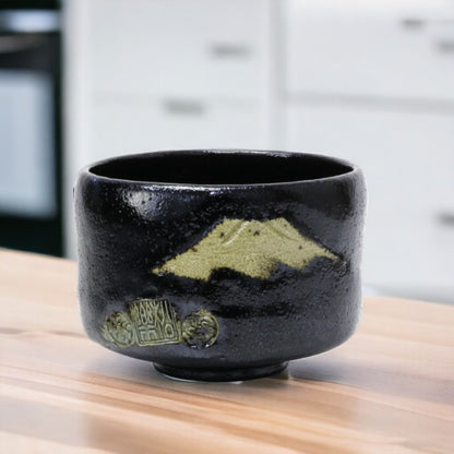 Black Raku Matcha tea bowl Fujisan Fujiyama Mt-Fuji Shoraku Sasaki