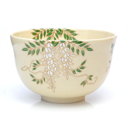 Matcha Tea Bowl Kyo-ware White base Wisteria brachybotrys