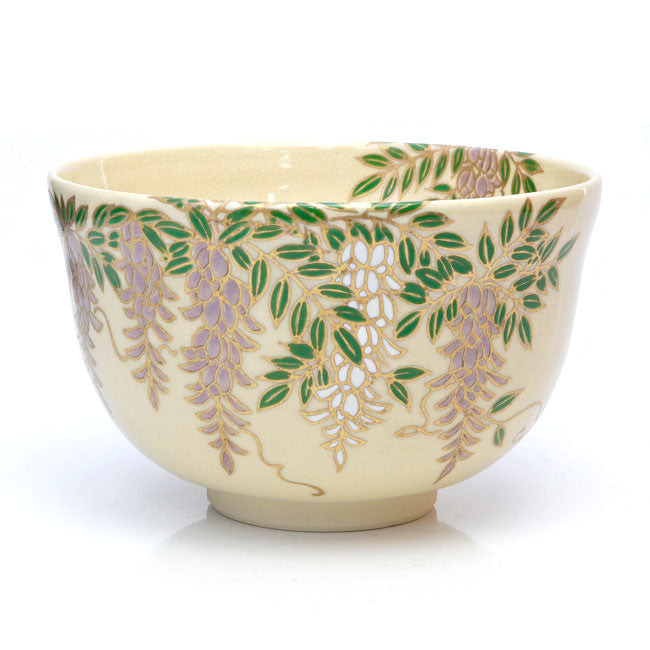Matcha Tea Bowl Kyo-ware White base Wisteria brachybotrys