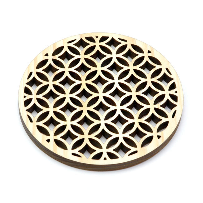 Hinoki coaster with traditional Japanese pattern, laser processing, "Cloisonne"