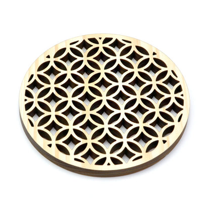 Hinoki coaster with traditional Japanese pattern, laser processing, "Cloisonne"