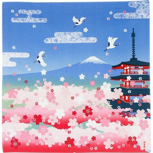 Furoshiki handkerchief 19.7 inches Cherry blossoms, five - story pagoda, Mt. Fuji - MatchaJP