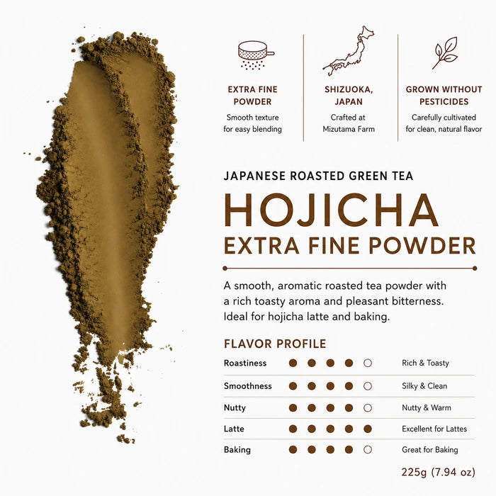 Hojicha Extra Fine Powder 225g (7.94 oz) – Japanese Roasted Green Tea for Latte & Baking