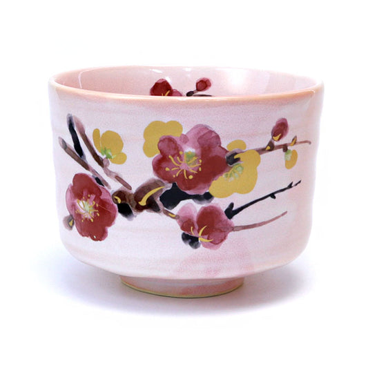 Mino Ware Matcha Bowl – Manyo Plants – Plum Blossom Design (Chawan)