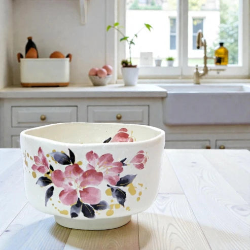 Mino Ware Matcha Bowl – Azalea Motif (Chawan)