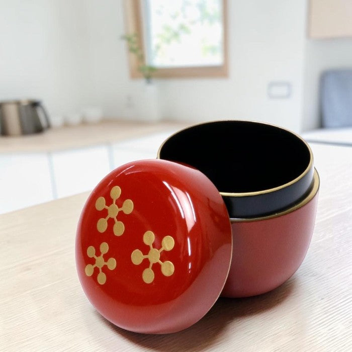 Medium Matcha Tea Caddy Natsume – Vermilion Rikyu Plum Makie with Gold Rim | Yamanaka Lacquerware Made in Japan