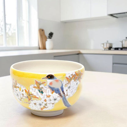 Matcha Bowl Bird on Mountain Cherry Blossoms | Kutani Ware Chawan Made in Japan