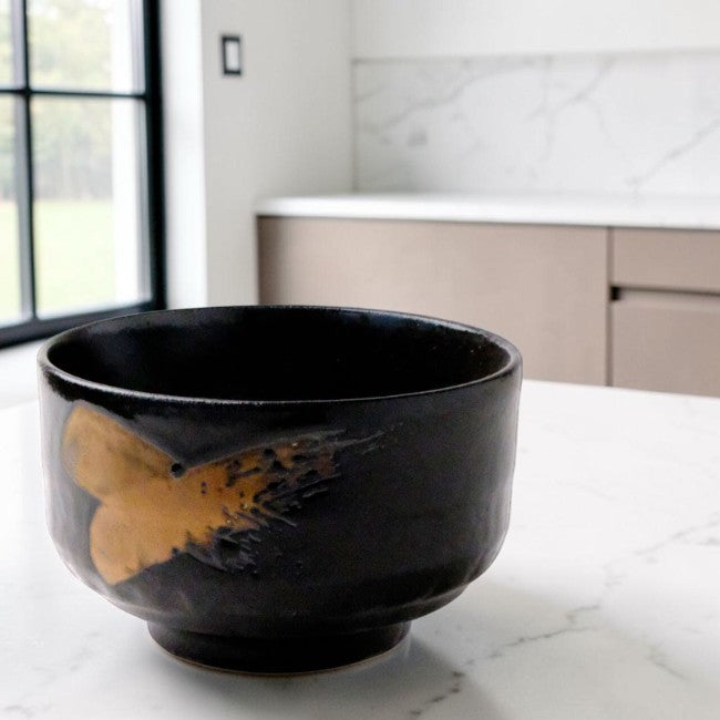 Matcha Bowl Black & Gold Brushstroke | Mino Ware Chawan Made in Japan