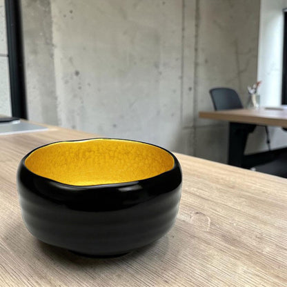 Gold-Lined Black Matcha Bowl — Authentic Mino Ware Chawan, Made in Japan