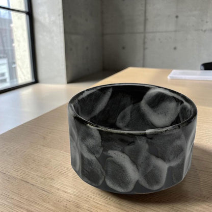 Black Shino Chrysanthemum Matcha Bowl — Mino Ware Chawan, Made in Japan