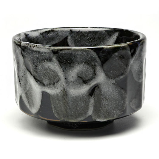Black Shino Chrysanthemum Matcha Bowl — Mino Ware Chawan, Made in Japan