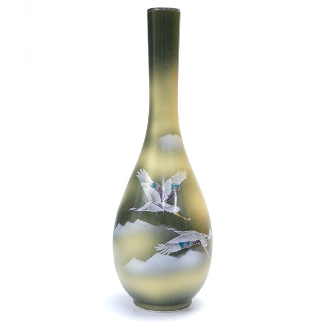 Kutani Vase  – Handcrafted Ceramic Art Two Cranes Above a Sea of Clouds
