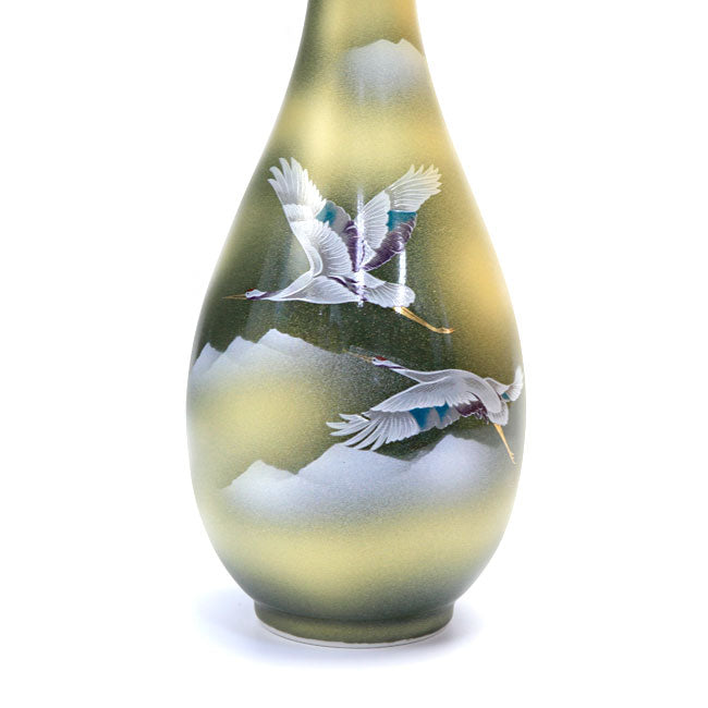 Kutani Vase  – Handcrafted Ceramic Art Two Cranes Above a Sea of Clouds