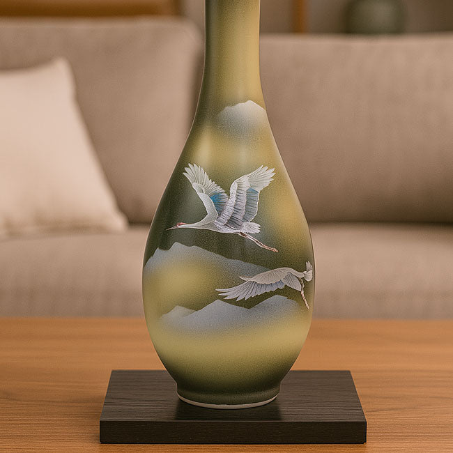 Kutani Vase  – Handcrafted Ceramic Art Two Cranes Above a Sea of Clouds