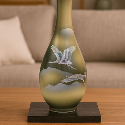 Kutani Vase  – Handcrafted Ceramic Art Two Cranes Above a Sea of Clouds