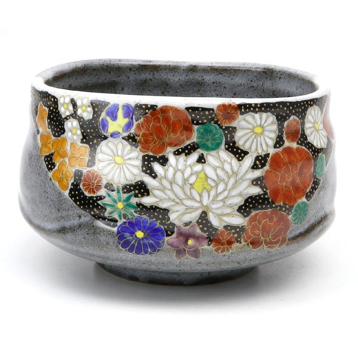 Matcha bowl, Kutani ware, flowers - MatchaJP