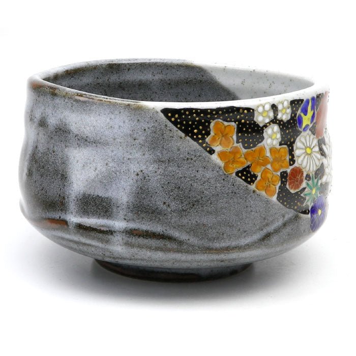 Matcha bowl, Kutani ware, flowers - MatchaJP