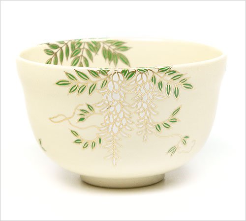 Matcha Tea Bowl Kyo-ware White base Wisteria brachybotrys - MatchaJP