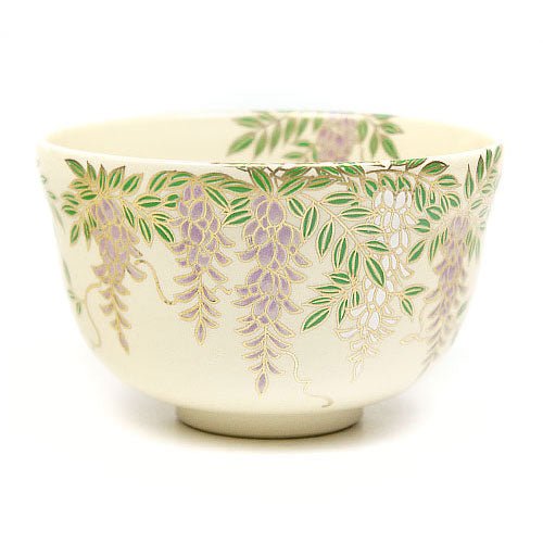 Matcha Tea Bowl Kyo-ware White base Wisteria brachybotrys - MatchaJP