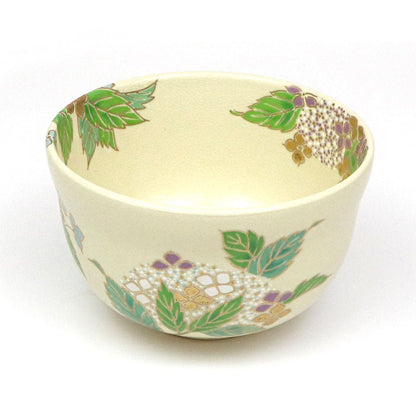 Matcha Tea Bowl white base hydrangea Kyō ware - MatchaJP