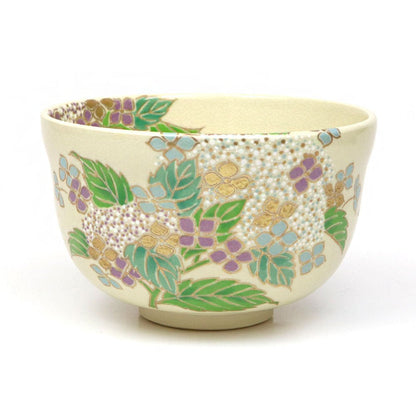 Matcha Tea Bowl white base hydrangea Kyō ware - MatchaJP