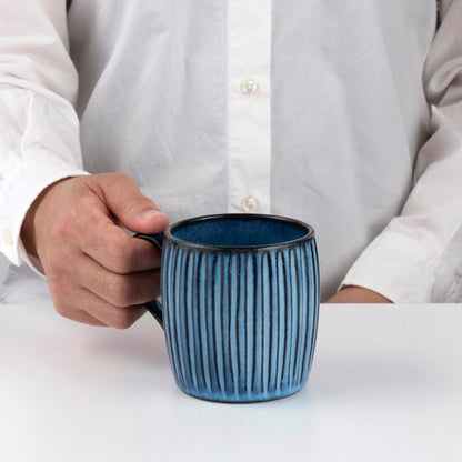 Mug cup RIZAEMON Kiln blue striped engraving Hasami - ware - MatchaJP