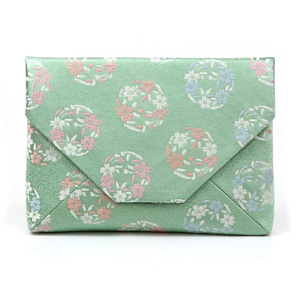 SILK KIMONO CLUTCH BAG,JAPANESE SUKIYA BAG, SAKURA CHERRY BLOSSOM PATTERN OF CIRCLE, - MatchaJP