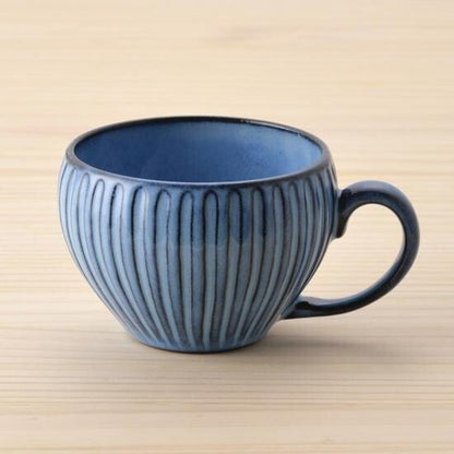 Soup mug cup RIZAEMON Kiln blue striped engraving Hasami - ware - MatchaJP